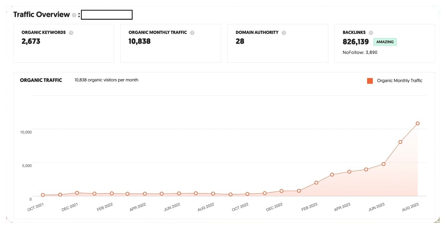 Traffic overview dashboard showing 10,838 monthly organic visitors and 826,139 backlinks