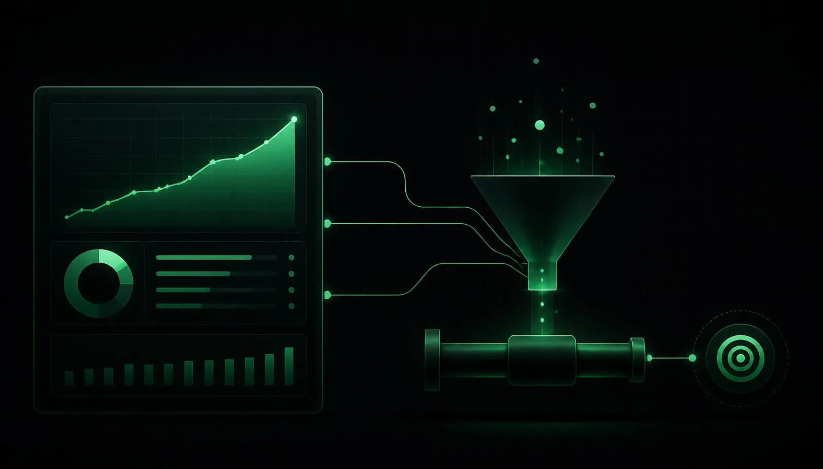 SaaS SEO KPI dashboard feeding a funnel into a qualified pipeline