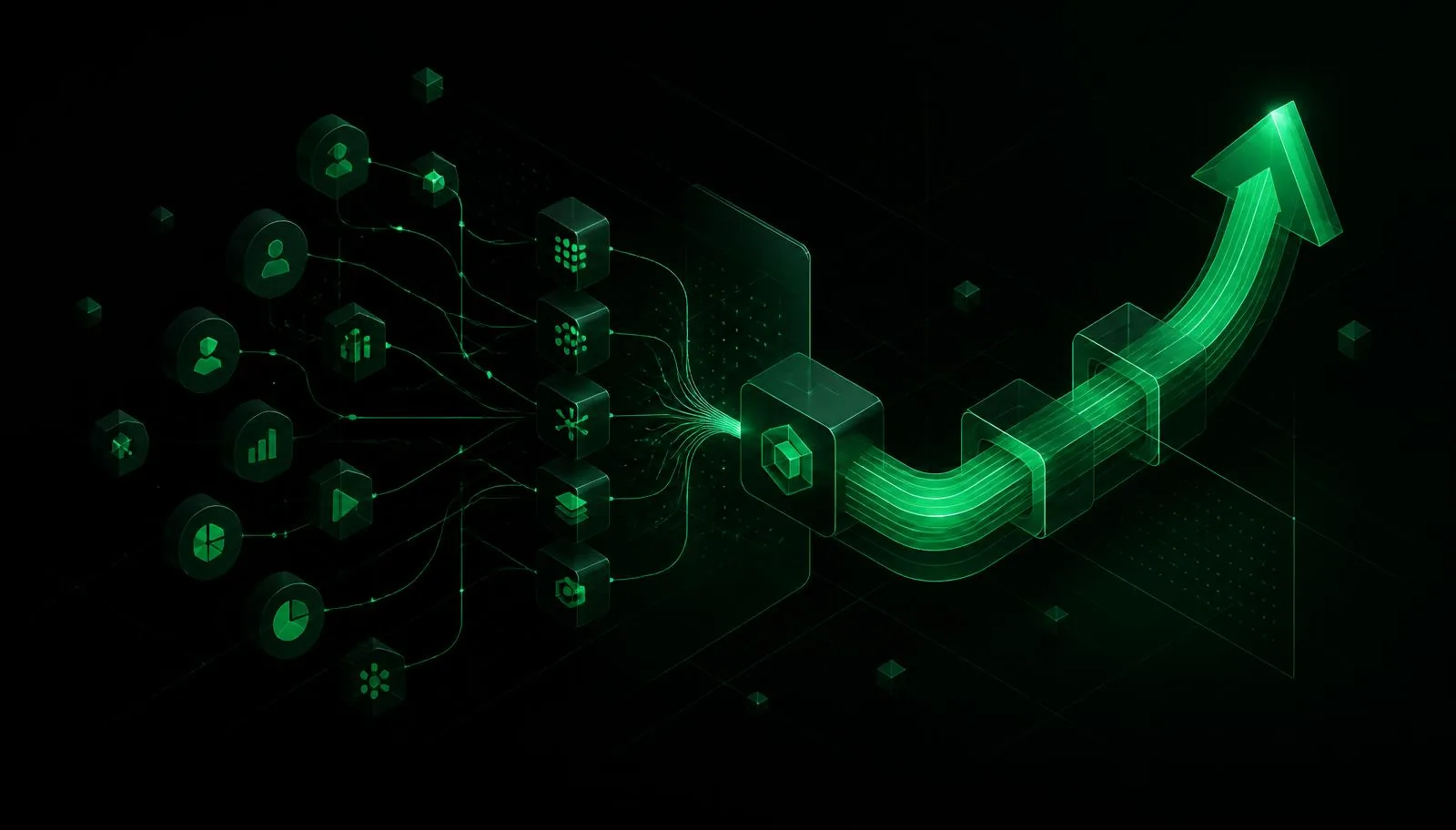 A MarTech stack of connected integrations feeding an upward pipeline curve